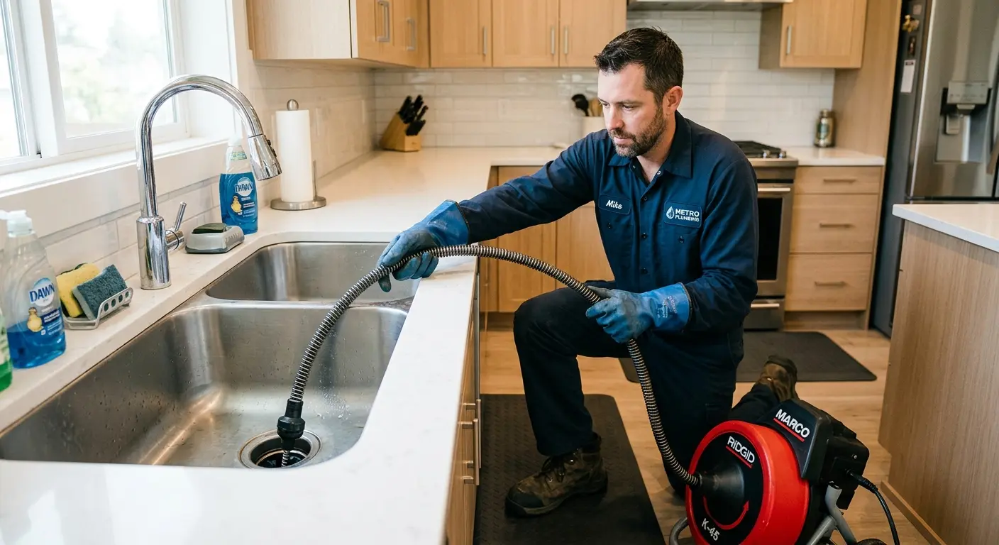 Drain cleaning technician using a motorized snake on a kitchen sink in San Clemente