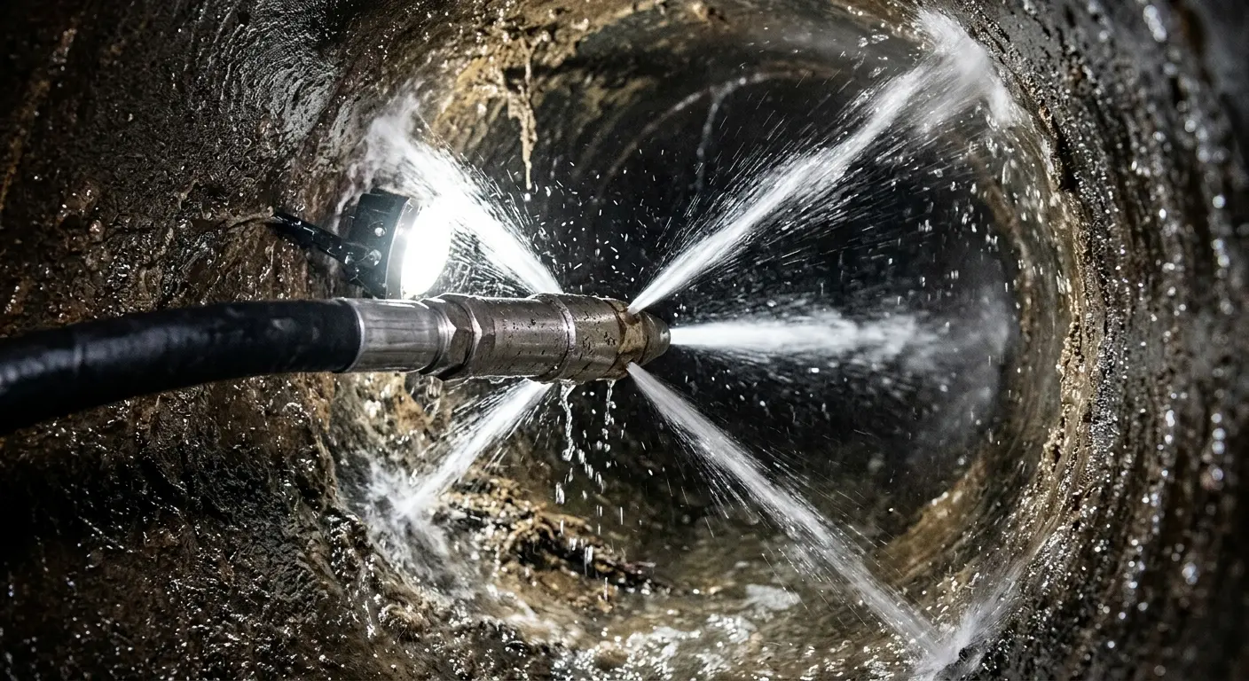 High-pressure hydro jetting nozzle cleaning sewer pipe for Trenchless Sewer Repair in San Clemente