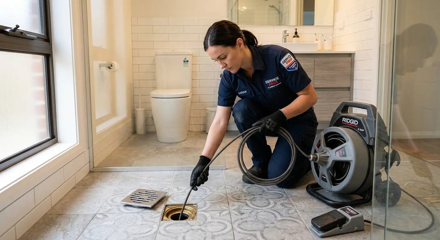 Technician clearing a bathroom floor drain for Drain Repair in San Clemente
